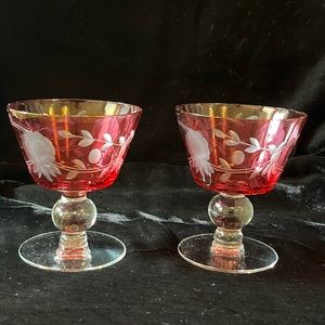 Glastonbury Lotus Cranberry champagne glasses.  Vintage 1920’s‎ era,flashed cut